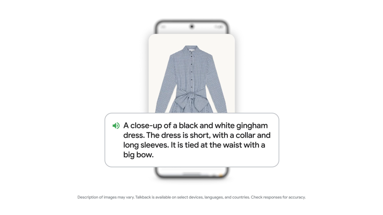 A dress is displayed on the screen with a description for it. 